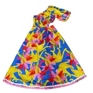 Marie by Victoria Dunn Lion Face One Shoulder Midi Dress Sz XS Colorful Tropical